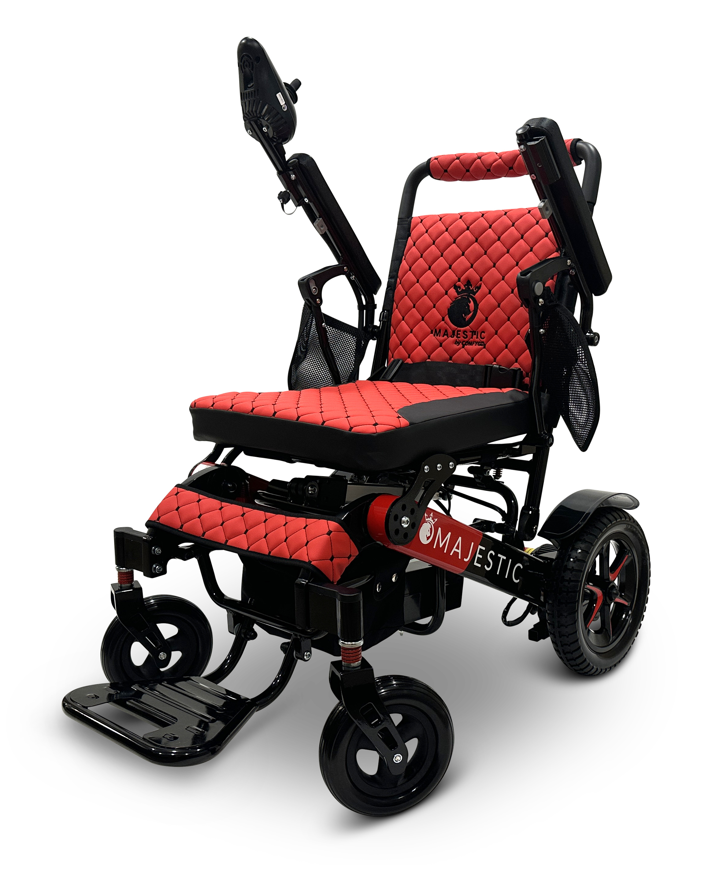 The MAJESTIC IQ-7000 Remote Controlled Electric Wheelchair, featuring a red and black design, is equipped with padded seats and armrests. Its sleek, modern look is complemented by a lightweight frame and sturdy wheels, along with adjustable components that enhance its style and functionality.